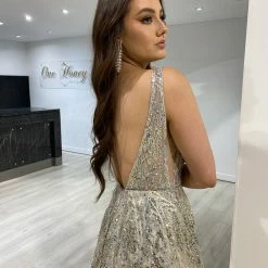 Honey Couture VIANNE Champagne Gold Glitter Tulle Formal Dress