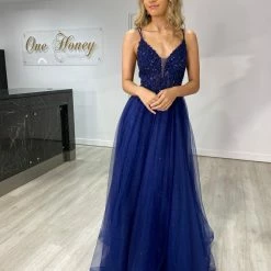 Honey Couture REGAN Navy Blue Beaded Tulle Skirt Formal Dress NEW ARRIVALS