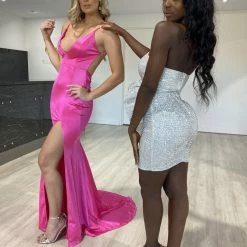 NEW ARRIVALS Honey Couture MILEE Hot Pink Low Back Mermaid Evening Gown Dress W Leg Split