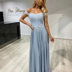 Honey Couture CARMEN Light Blue Lace Applique Chiffon Bridesmaid Formal Dress NEW ARRIVALS