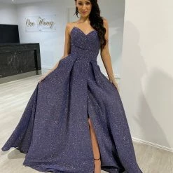 NEW ARRIVALS Honey Couture POLLY Midnight Blue Glitter Shimmer Strapless Ballgown Formal Dress