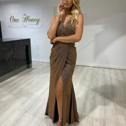 NEW ARRIVALS Honey Couture RHEA Copper Metallic Shimmer Formal Dress