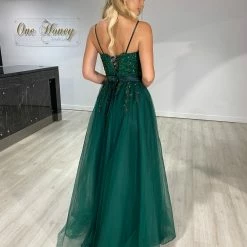 Honey Couture Made To Your Measurements NEW ARRIVALS Honey Couture MAXINE Beaded Bustier Tulle Applique Formal Dress