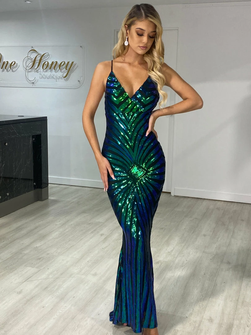 Honey Couture MATILDA Green & Blue Multi Sequin Mermaid Formal Dress 4 Honey Couture MATILDA Green & Blue Multi Sequin Mermaid Formal Dress
