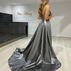 Honey Couture Made To Your Measurements Honey Couture DORIT Strapless Bustier W Over Skirt Metallic Fabric Formal Dress