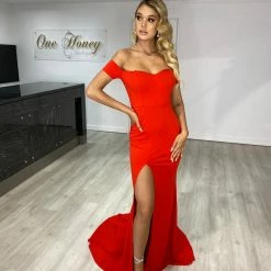 NEW ARRIVALS Honey Couture MCKENNA Red Off Shoulder Mermaid Formal Dress