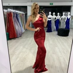 Honey Couture ALEXIS Burgundy Silky Frilly One Shoulder Mermaid Formal Dress NEW ARRIVALS