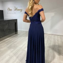 NEW ARRIVALS Honey Couture CARMEN Navy Blue Lace Applique Chiffon Bridesmaid Formal Dress