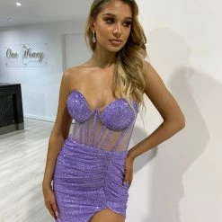 Honey Couture PALOMA Lilac Purple Glitter Corset Dress NEW ARRIVALS