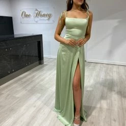 NEW ARRIVALS Honey Couture XENIA Sage Green Tie Up Formal Bridesmaid Dress