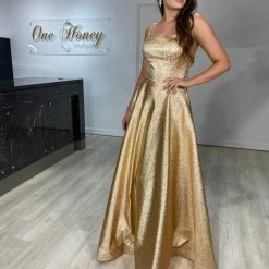 Honey Couture ADORA Gold Metallic Shimmer Lace Up Corset Back Formal Gown Dress NEW ARRIVALS