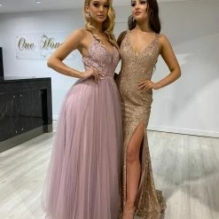 Honey Couture INEZ Blush Pink Tulle Lace Gown Formal Dress NEW ARRIVALS