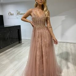 Honey Couture NORA Rose Gold Tulle Glitter Corset Formal Dress NEW ARRIVALS