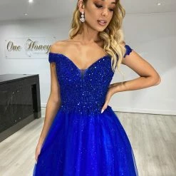 NEW ARRIVALS Honey Couture ISIDORE Blue Beaded Off Shoulder Tulle Skirt Formal Dress