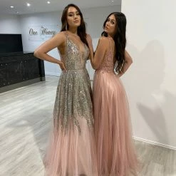 Honey Couture VIANNE Blush Pink Glitter Tulle Formal Dress