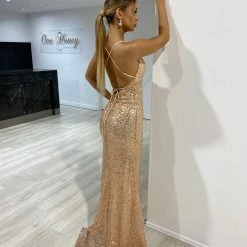 NEW ARRIVALS Honey Couture DEVINA Gold Sequin Corset Lace Up Formal Dress