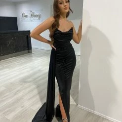 Honey Couture JAEDA Black Silky Bustier Strapless Mermaid Formal Dress