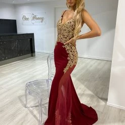 Honey Couture DIANNA Burgundy & Gold Lace Mesh Insert Mermaid Formal Dress NEW ARRIVALS