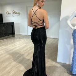 Honey Couture MEXX Black Glitter Shimmer Lace Back Bum Ruching Formal Dress