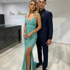 Honey Couture KAYTUM Mint Green Sequin Mermaid Evening Gown Dress