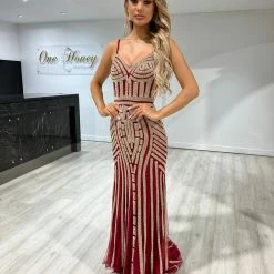 Honey Couture DIAMONDS Red Sequin Mermaid Formal Gown Dress