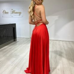 Honey Couture PERRY Red Lace Up Silky Formal Gown Dress