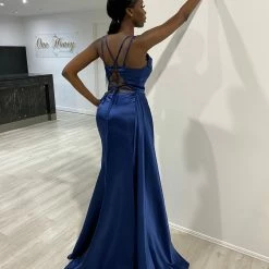 Honey Couture SOPHIE Navy Blue Satin Beaded Bustier Formal Dress NEW ARRIVALS