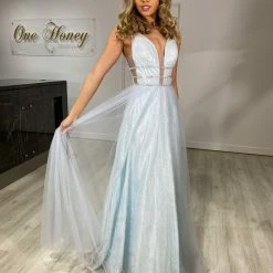 Honey Couture ANISA Baby Blue Tulle Lace Gown Formal Dress NEW ARRIVALS