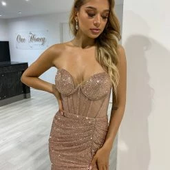 Honey Couture PALOMA Rose Gold Glitter Corset Dress NEW ARRIVALS