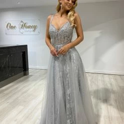 NEW ARRIVALS Honey Couture NORA Silver Tulle Glitter Corset Formal Dress