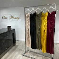 Honey Couture ZENDAYA Champagne Satin Corset Bustier Leg Split Formal Dress NEW ARRIVALS