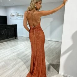 NEW ARRIVALS Honey Couture MARILYN Light Sienna Rust Sequin Corset Lace Up Formal Dress