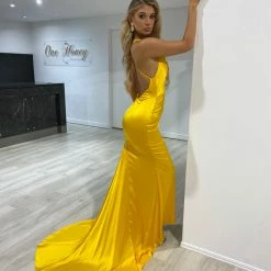 Honey Couture CANDICE Yellow Silky Low Back Mermaid Formal Dress
