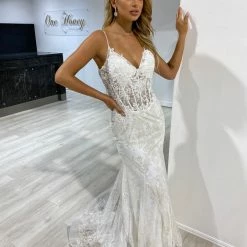 Honey Couture VALENTINA Off White Sequin Corset Mermaid Formal Gown Dress
