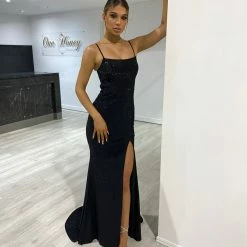 Honey Couture ELANA Black Diamante Bustier Lace Up Formal Dress