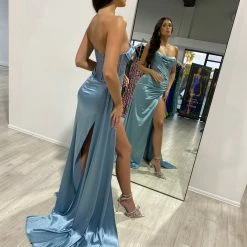 Honey Couture GIGI Dusty Blue Corset Sparkle Bustier Strapless Mermaid Formal Gown Dress NEW ARRIVALS
