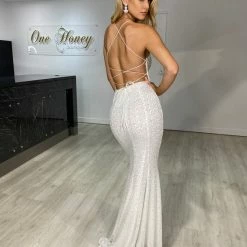 One Honey Boutique NEW ARRIVALS The NIKEETA White Sequin Corset Back Mermaid Formal Gown