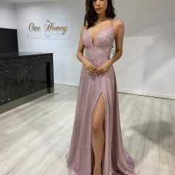 Honey Couture HOLLIE Blush Pink A Line Glitter Effect Formal Dress NEW ARRIVALS