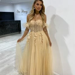 Honey Couture BLOOM Champagne Bustier Lace Applique Tulle Formal Dress