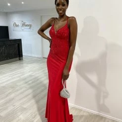 Honey Couture JULIANA Red Lace Up Back Diamante Mermaid Formal Dress NEW ARRIVALS