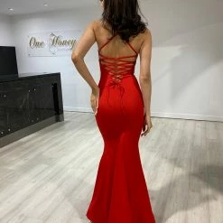 NEW ARRIVALS Honey Couture DESERIEE Red Open Lace Up Back Mermaid Formal Dress