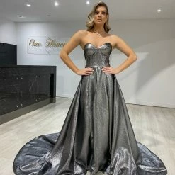Honey Couture Made To Your Measurements Honey Couture DORIT Strapless Bustier W Over Skirt Metallic Fabric Formal Dress