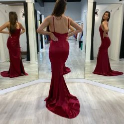NEW ARRIVALS Honey Couture SIBYLLE Burgundy Silky Mermaid Formal Dress