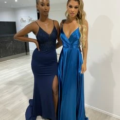 NEW ARRIVALS Honey Couture HUNTAR French Navy Blue Green Silky A Line Bridesmaid Formal Dress