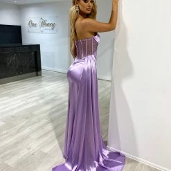 NEW ARRIVALS Honey Couture GIGI Lilac Purple Corset Sparkle Bustier Strapless Mermaid Formal Gown Dress