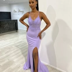 NEW ARRIVALS Honey Couture MIREN Lilac Purple Lace Applique Mermaid Formal Dress