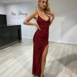 Honey Couture LUZ Burgundy Lace Up Sequin Formal Gown Dress