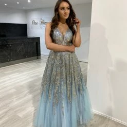 NEW ARRIVALS Honey Couture VIANNE Light Baby Blue Glitter Tulle Formal Dress