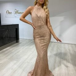 NEW ARRIVALS Honey Couture HYRA Pink & Gold Halter Glitter Formal Dress