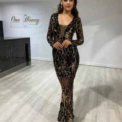 Honey Couture WINNIE Black & Gold Sequin Long Sleeve Formal Dress NEW ARRIVALS